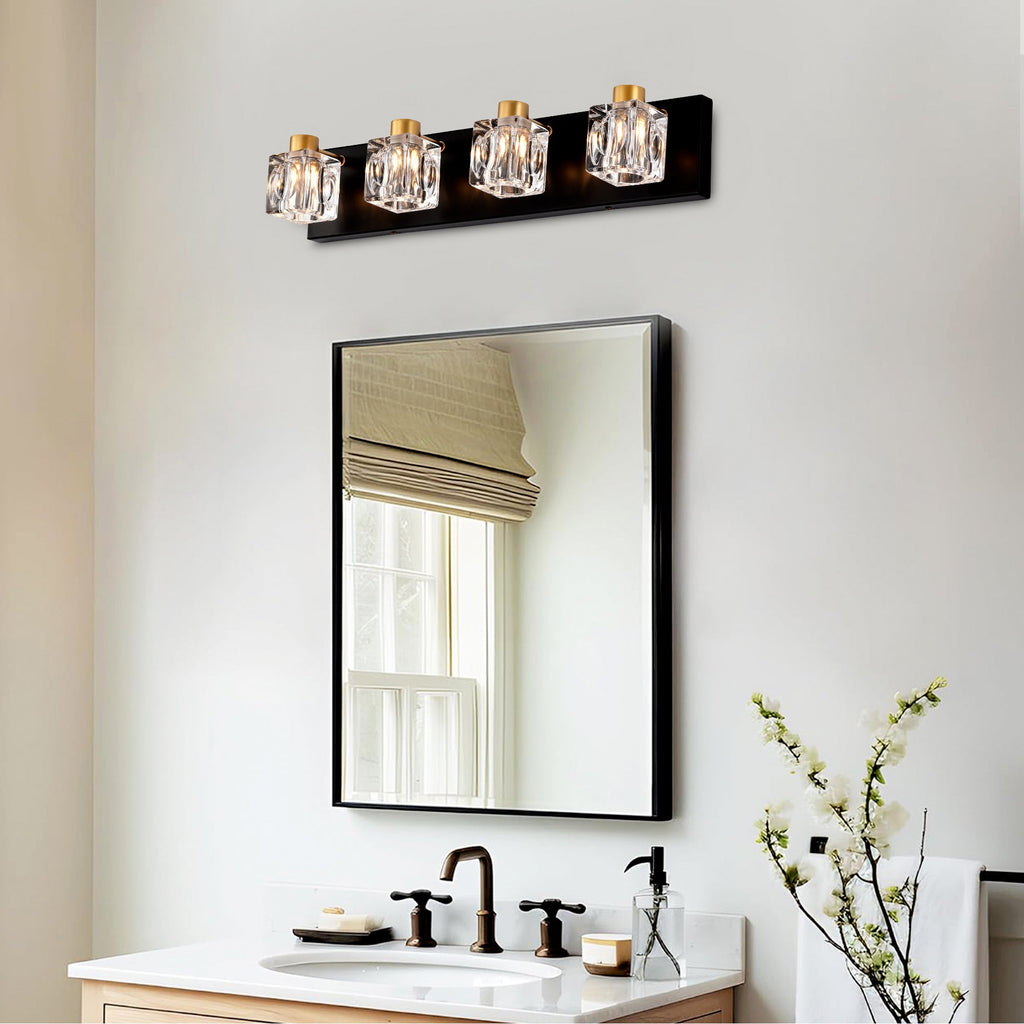 4-Light Matte Black Gold Bathroom Light Fixtures, Modern Vanity Lights With Crystal Glass Shade, Vintage Light Fixture Bathroom Over Mirror Wall Lights For Kitchen Dinning Room Bedroom Hallway