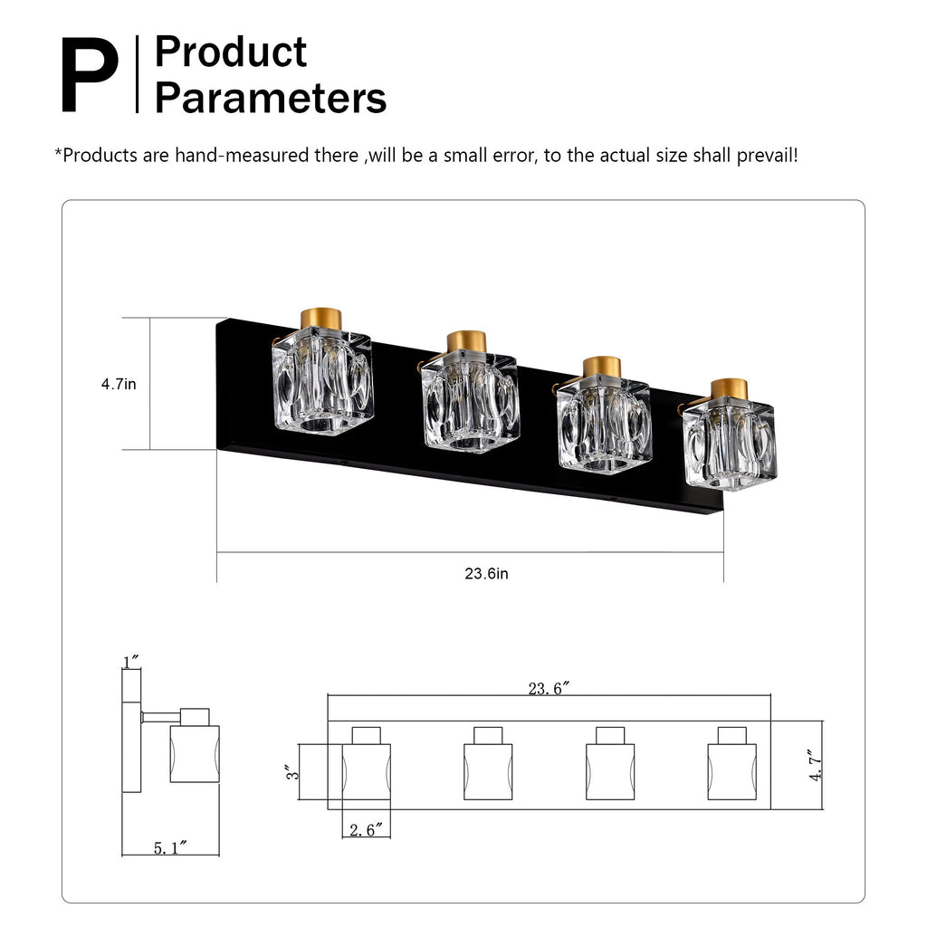 4-Light Matte Black Gold Bathroom Light Fixtures, Modern Vanity Lights With Crystal Glass Shade, Vintage Light Fixture Bathroom Over Mirror Wall Lights For Kitchen Dinning Room Bedroom Hallway