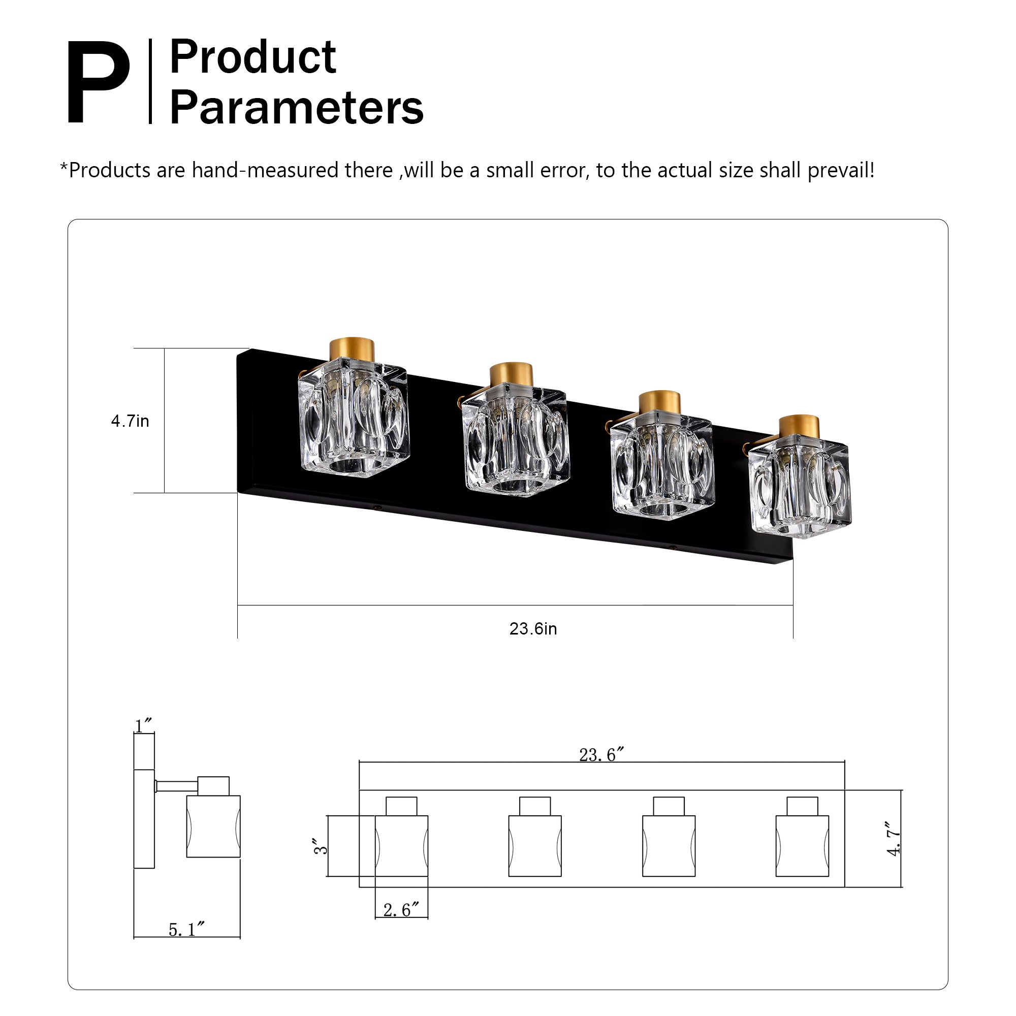 4-Light Matte Black Gold Bathroom Light Fixtures, Modern Vanity Lights With Crystal Glass Shade, Vintage Light Fixture Bathroom Over Mirror Wall Lights For Kitchen Dinning Room Bedroom Hallway