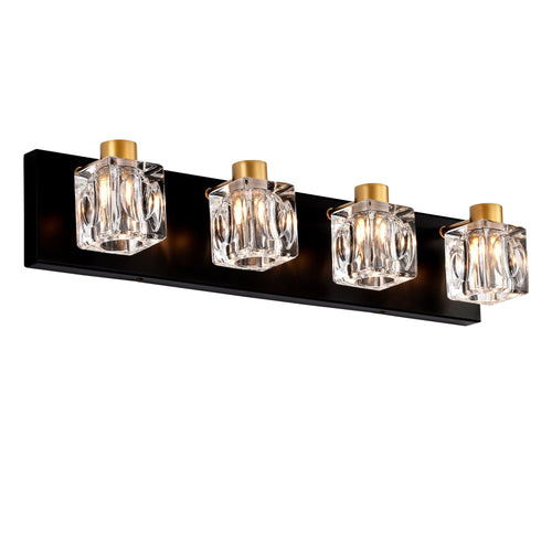 4-Light Matte Black Gold Bathroom Light Fixtures, Modern Vanity Lights With Crystal Glass Shade, Vintage Light Fixture Bathroom Over Mirror Wall Lights For Kitchen Dinning Room Bedroom Hallway