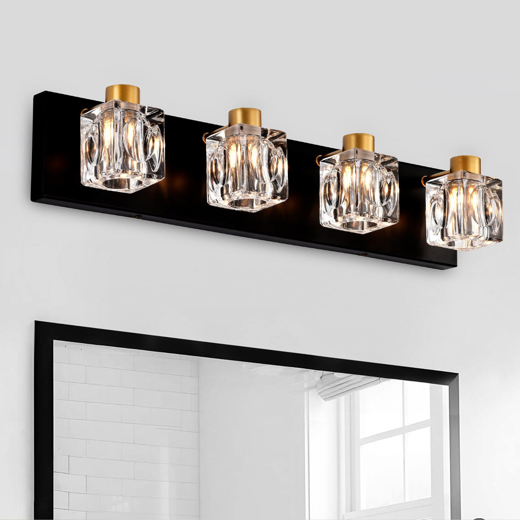 4-Light Matte Black Gold Bathroom Light Fixtures, Modern Vanity Lights With Crystal Glass Shade, Vintage Light Fixture Bathroom Over Mirror Wall Lights For Kitchen Dinning Room Bedroom Hallway